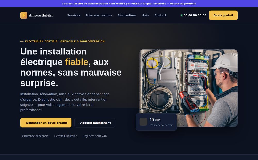 Aperçu de la démo site vitrine pour électricien