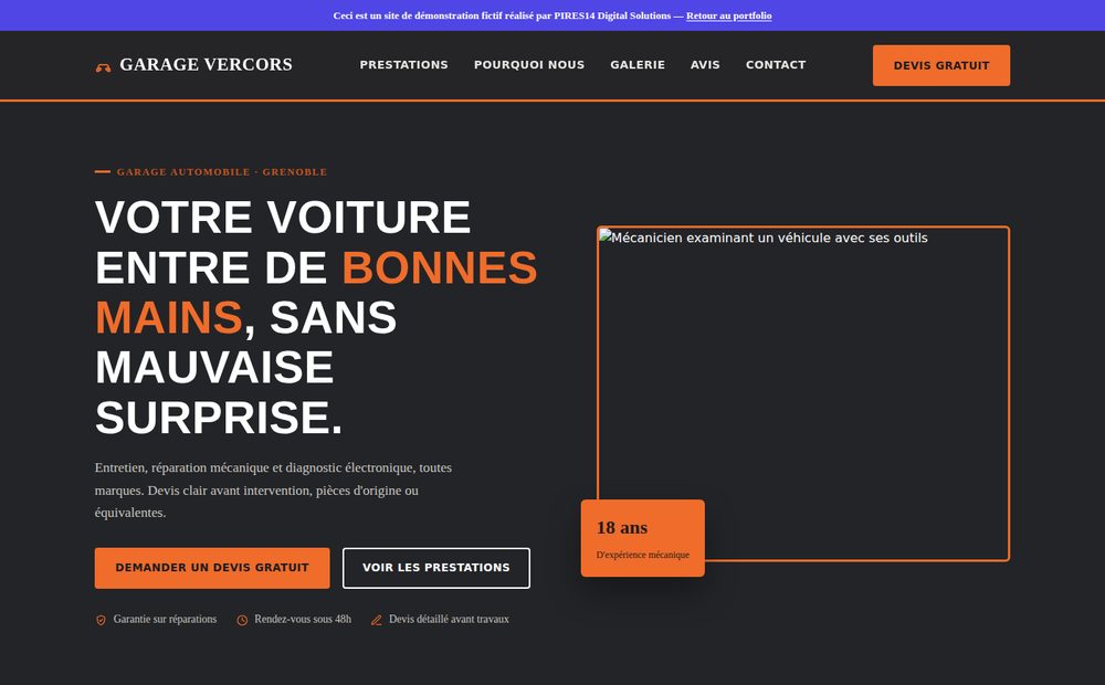 Aperçu de la démo site vitrine pour garage automobile